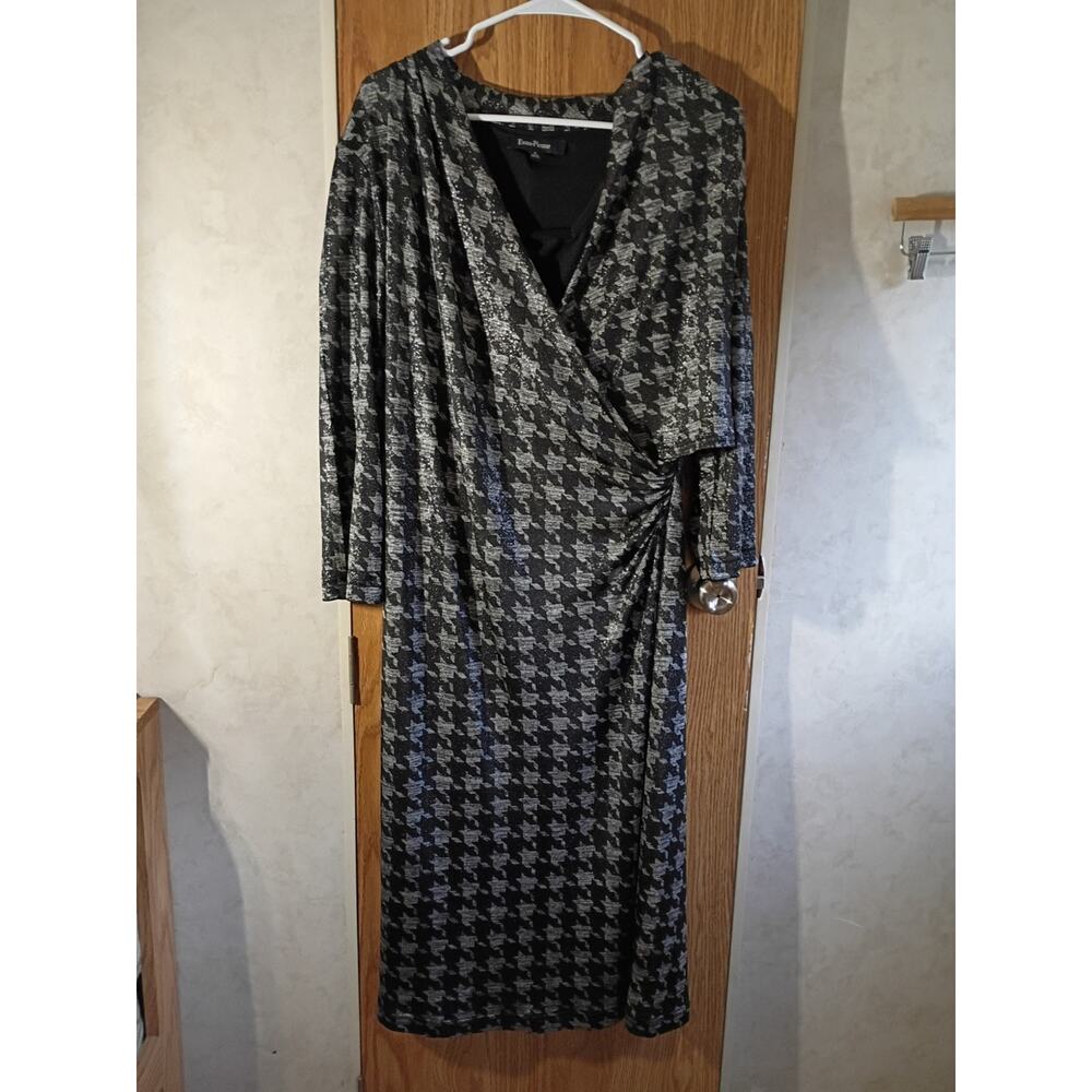 Vintage Evan Picone Metallic Houndstooth Wrap Dress XL 3/4 Sleeve Holiday Party